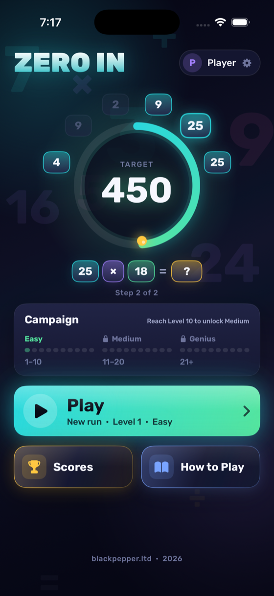 Zero In home screen with a live puzzle solving itself inside a timer ring.