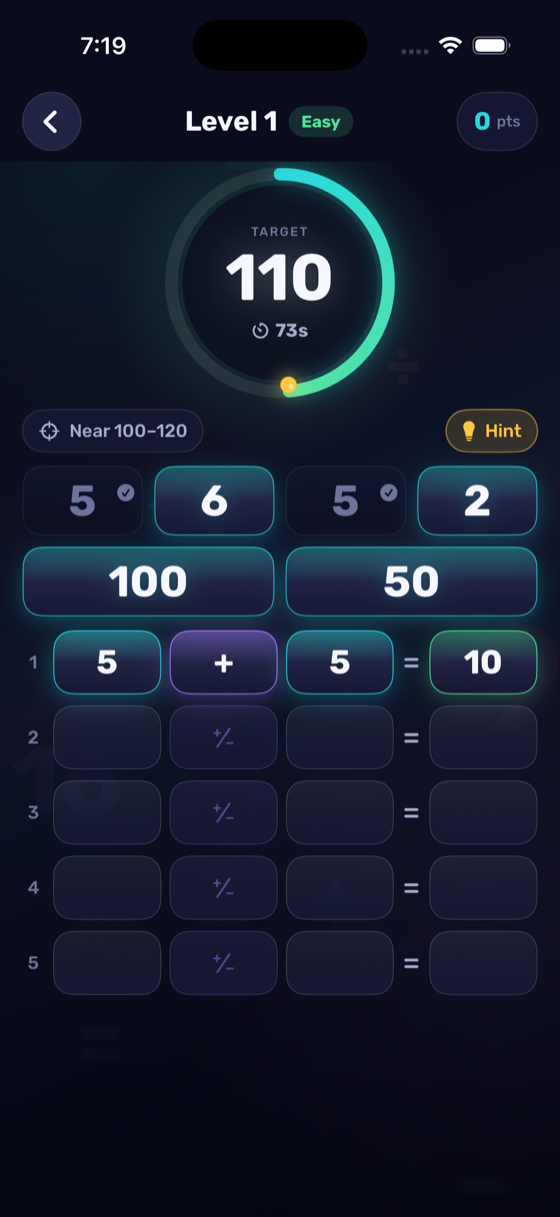 A level in progress: target 110, six numbers, and one completed row making 10.