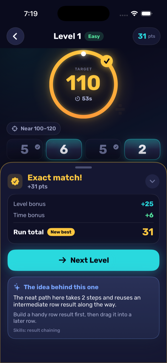 An exact match: the ring turns gold and the score breakdown appears.